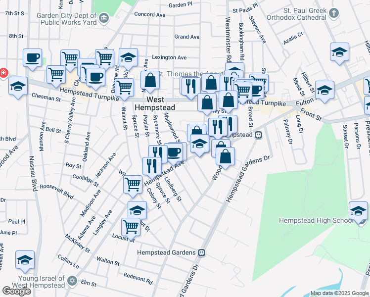 map of restaurants, bars, coffee shops, grocery stores, and more near 79 Elton Street in West Hempstead