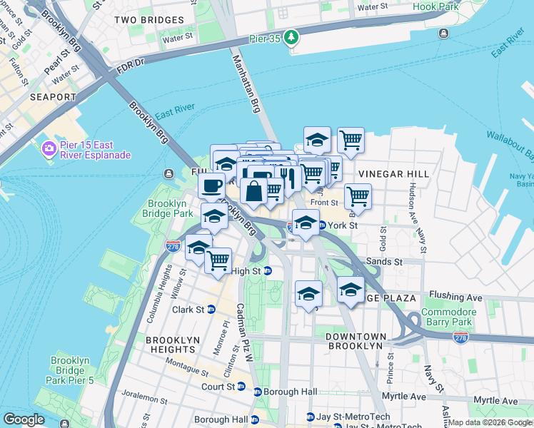 map of restaurants, bars, coffee shops, grocery stores, and more near 82 Washington Street in Brooklyn