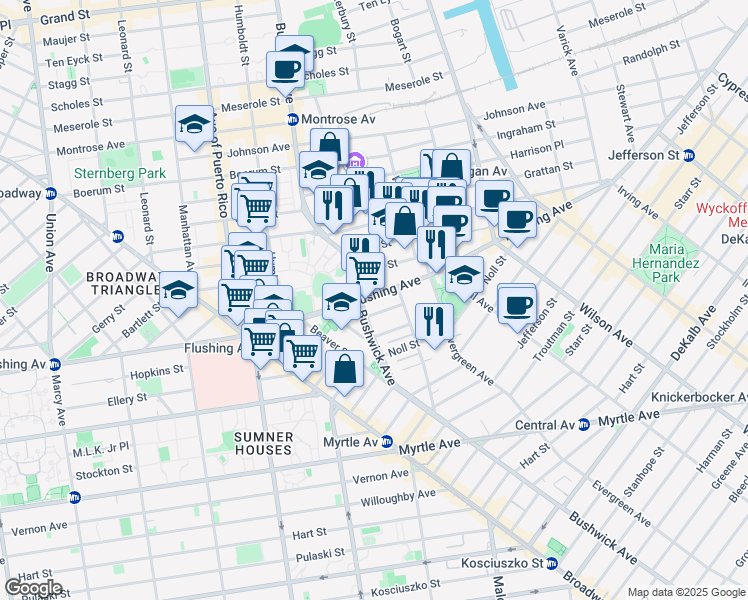 map of restaurants, bars, coffee shops, grocery stores, and more near 886 Flushing Avenue in Brooklyn