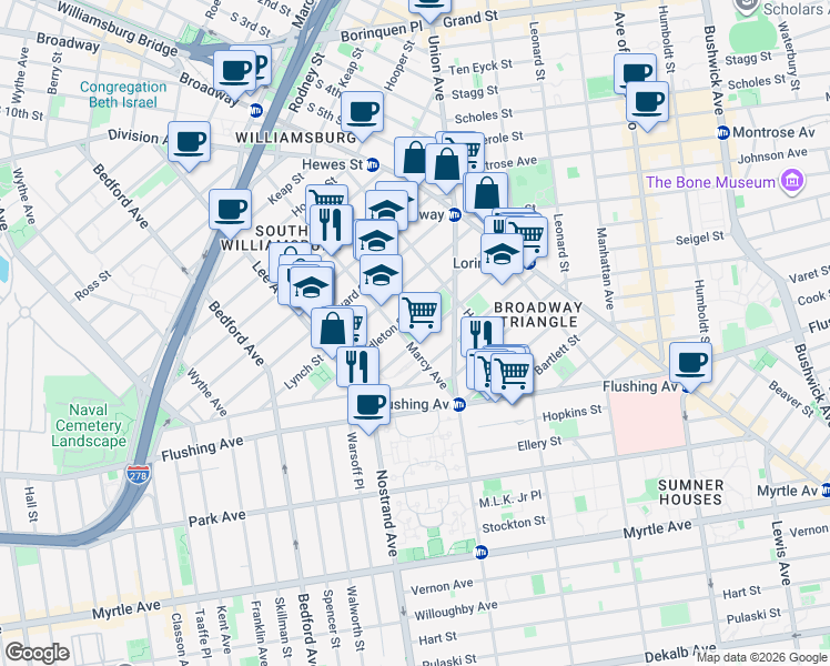 map of restaurants, bars, coffee shops, grocery stores, and more near 79 Lorimer Street in Brooklyn
