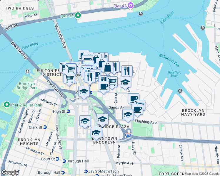 map of restaurants, bars, coffee shops, grocery stores, and more near 251 Front Street in Brooklyn
