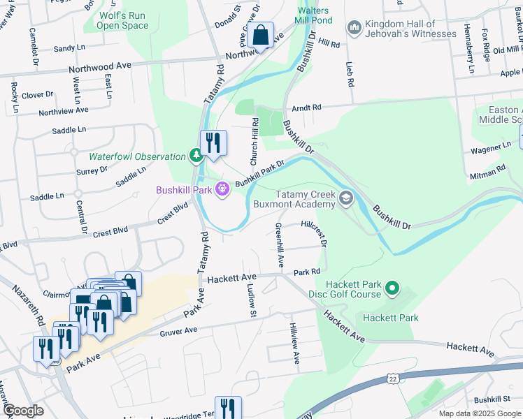map of restaurants, bars, coffee shops, grocery stores, and more near 2219 Edgewood Avenue in Easton