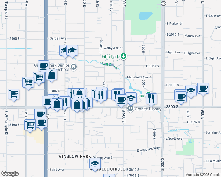map of restaurants, bars, coffee shops, grocery stores, and more near 447 East Stanley Avenue in South Salt Lake