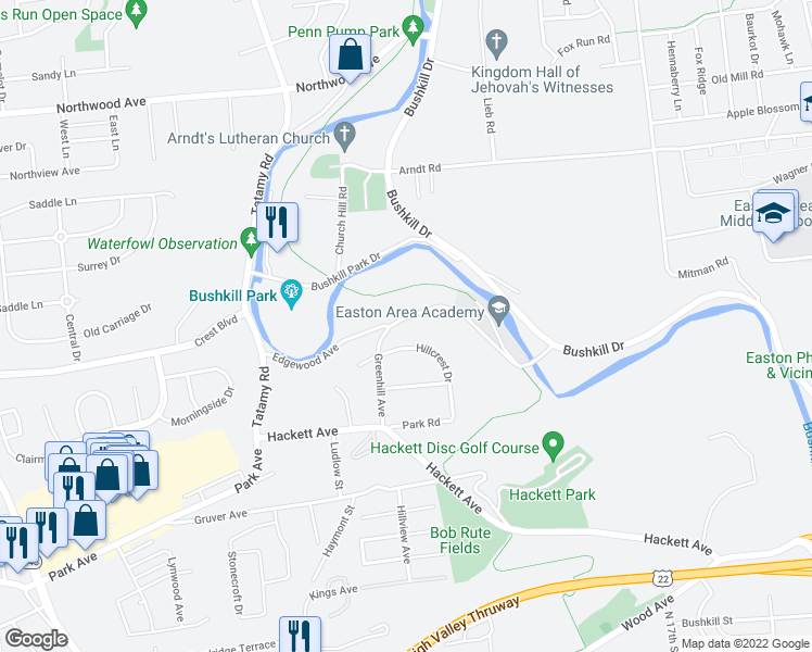 map of restaurants, bars, coffee shops, grocery stores, and more near 2122 Edgewood Avenue in Easton