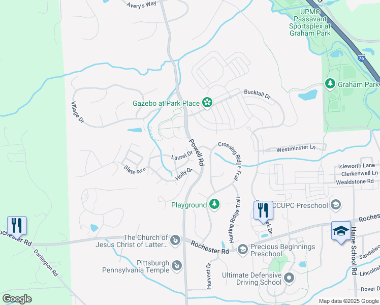 map of restaurants, bars, coffee shops, grocery stores, and more near 12 Pine Court in Cranberry Township
