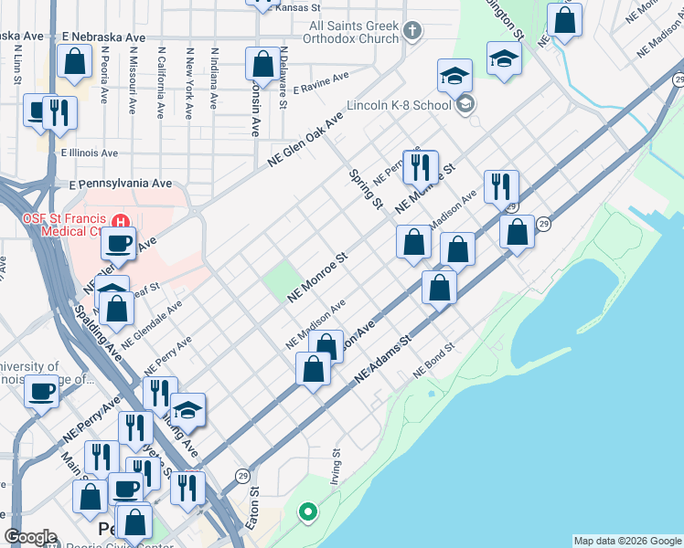 map of restaurants, bars, coffee shops, grocery stores, and more near 511 Morton Street in Peoria