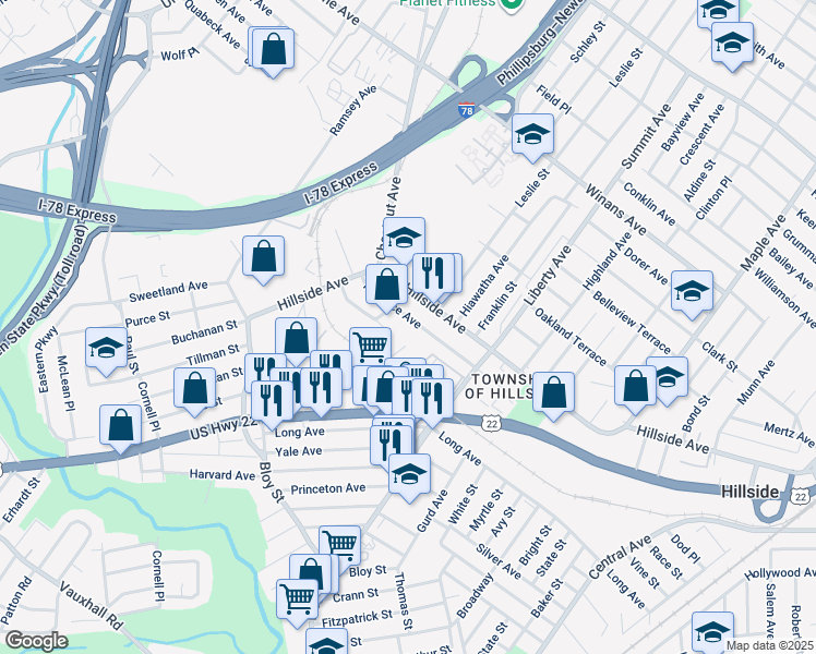 map of restaurants, bars, coffee shops, grocery stores, and more near 1386 Norman Place in Hillside