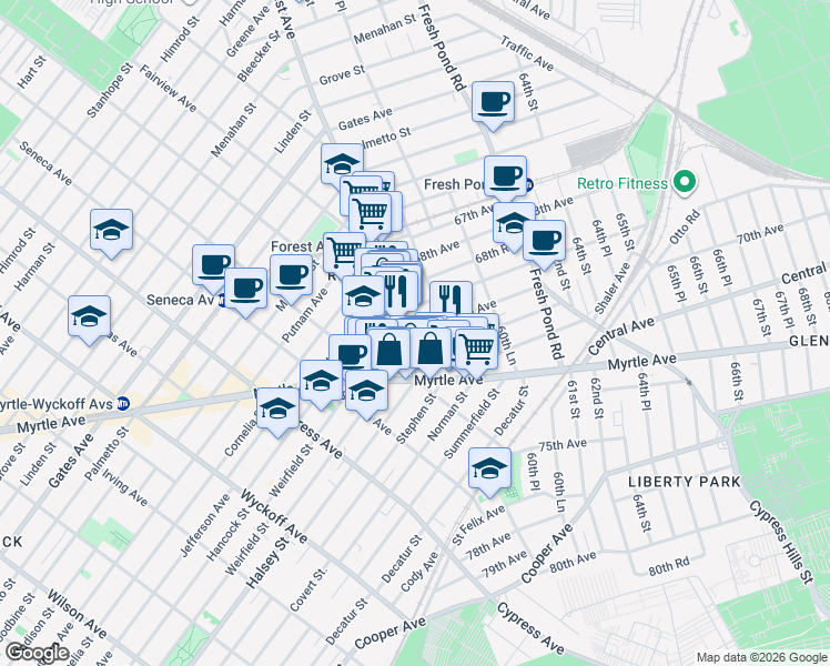 map of restaurants, bars, coffee shops, grocery stores, and more near 68-59 Forest Avenue in Queens