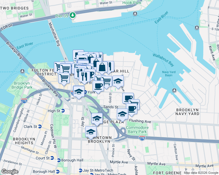 map of restaurants, bars, coffee shops, grocery stores, and more near 251 Front Street in Brooklyn