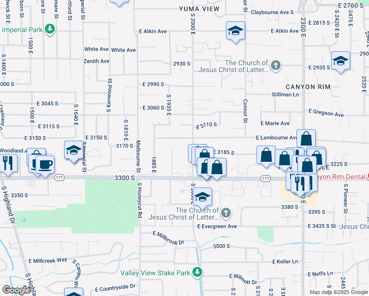 map of restaurants, bars, coffee shops, grocery stores, and more near 1968 East Lambourne Avenue in Salt Lake City