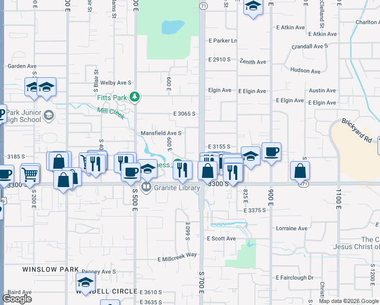 map of restaurants, bars, coffee shops, grocery stores, and more near 3150 Green Street East in Salt Lake City