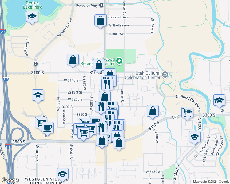 map of restaurants, bars, coffee shops, grocery stores, and more near 3185 Matisse Lane in West Valley City
