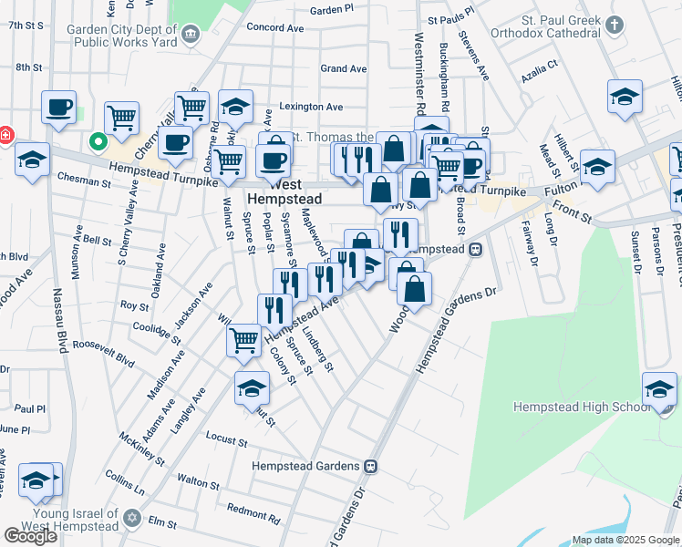 map of restaurants, bars, coffee shops, grocery stores, and more near 79 Elton Street in West Hempstead