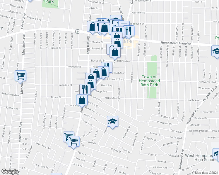 map of restaurants, bars, coffee shops, grocery stores, and more near 197 Franklin Avenue in Franklin Square