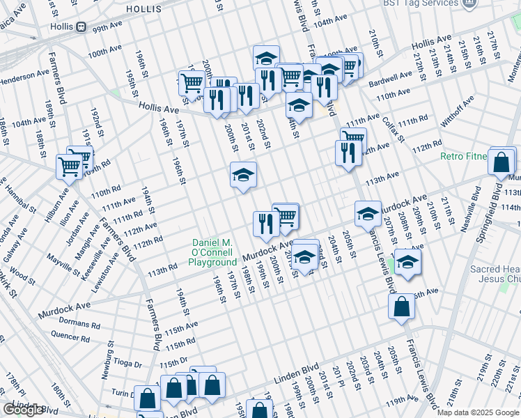 map of restaurants, bars, coffee shops, grocery stores, and more near 112-12 201st Street in Queens