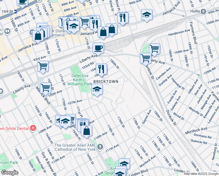 map of restaurants, bars, coffee shops, grocery stores, and more near 106-17 177th Street in Queens
