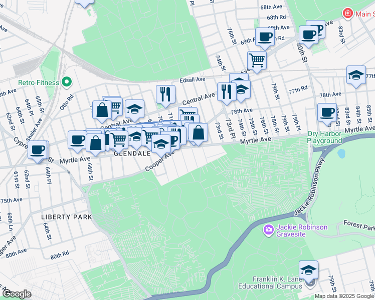 map of restaurants, bars, coffee shops, grocery stores, and more near 71-66 71st Place in Queens