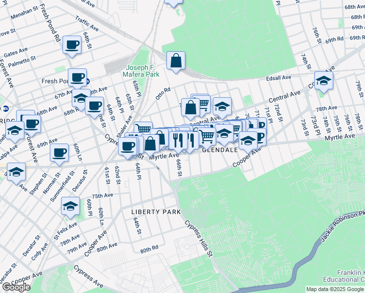map of restaurants, bars, coffee shops, grocery stores, and more near 71-20 67th Street in Queens