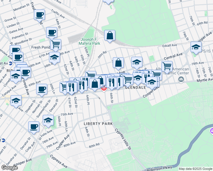 map of restaurants, bars, coffee shops, grocery stores, and more near 66-06 Central Avenue in Queens
