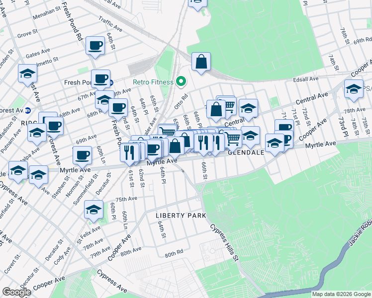 map of restaurants, bars, coffee shops, grocery stores, and more near 2618 Central Avenue in Queens