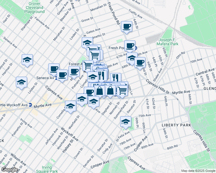 map of restaurants, bars, coffee shops, grocery stores, and more near 68-59 Forest Avenue in Queens