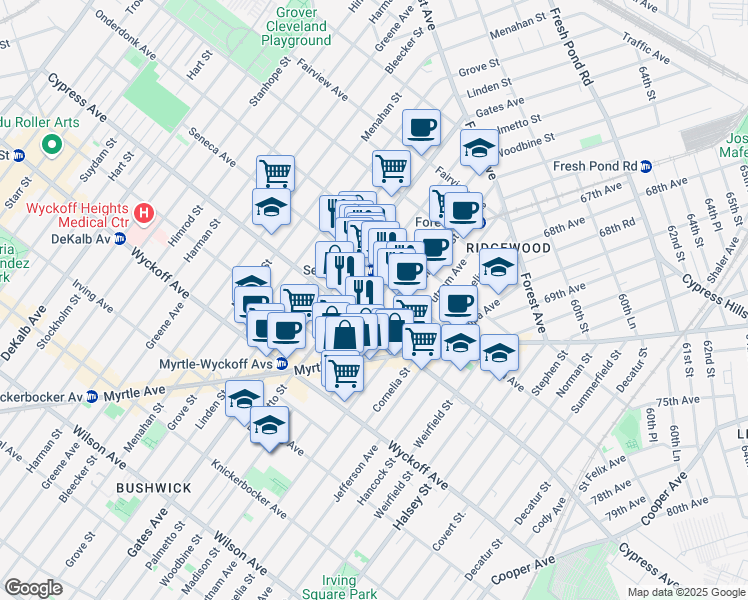 map of restaurants, bars, coffee shops, grocery stores, and more near in Queens
