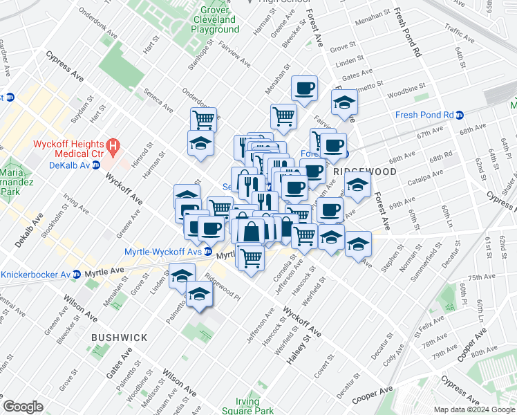 map of restaurants, bars, coffee shops, grocery stores, and more near in Queens