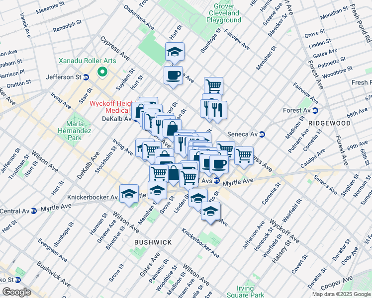 map of restaurants, bars, coffee shops, grocery stores, and more near 397 Bleecker Street in Brooklyn