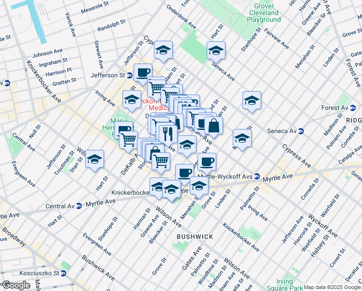 map of restaurants, bars, coffee shops, grocery stores, and more near 300 Stanhope Street in Brooklyn