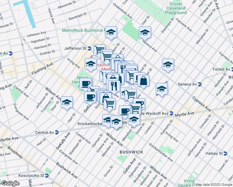 map of restaurants, bars, coffee shops, grocery stores, and more near 300 Stanhope Street in Brooklyn