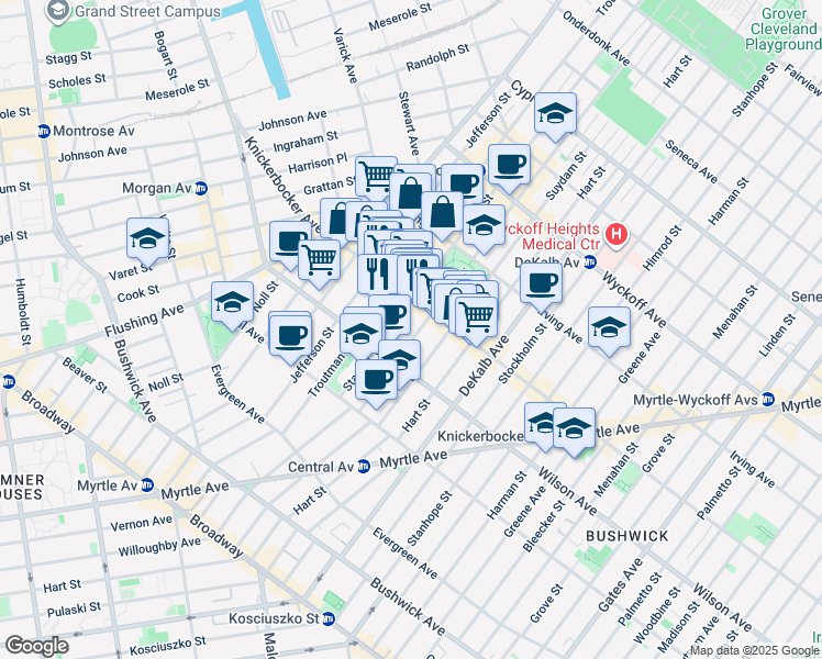 map of restaurants, bars, coffee shops, grocery stores, and more near 244 Knickerbocker Avenue in Brooklyn