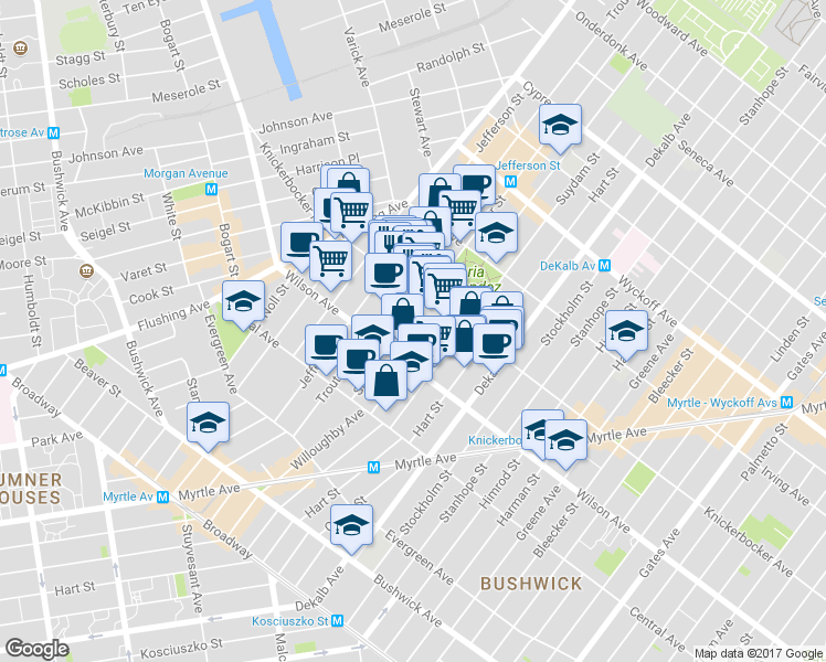 map of restaurants, bars, coffee shops, grocery stores, and more near 244 Knickerbocker Avenue in Brooklyn