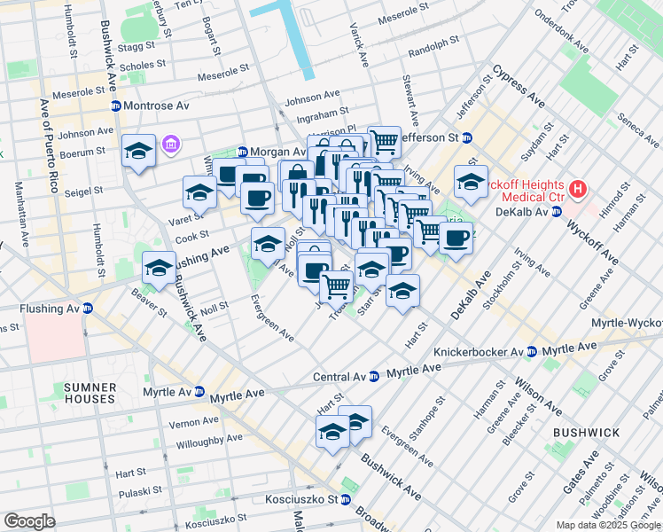 map of restaurants, bars, coffee shops, grocery stores, and more near 55 Wilson Avenue in Brooklyn