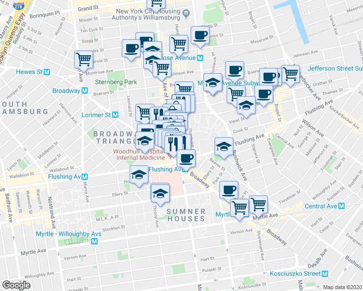 map of restaurants, bars, coffee shops, grocery stores, and more near 70 Varet Street in Brooklyn