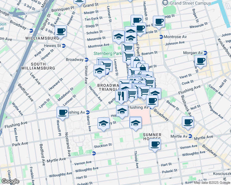 map of restaurants, bars, coffee shops, grocery stores, and more near 640 Broadway in Brooklyn