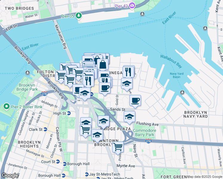 map of restaurants, bars, coffee shops, grocery stores, and more near 251 Front Street in Brooklyn