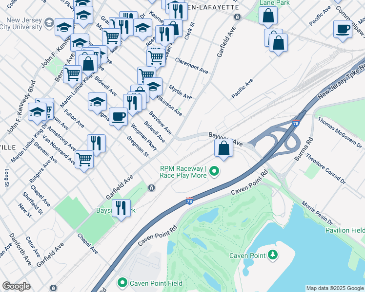 map of restaurants, bars, coffee shops, grocery stores, and more near 676 Garfield Avenue in Jersey City