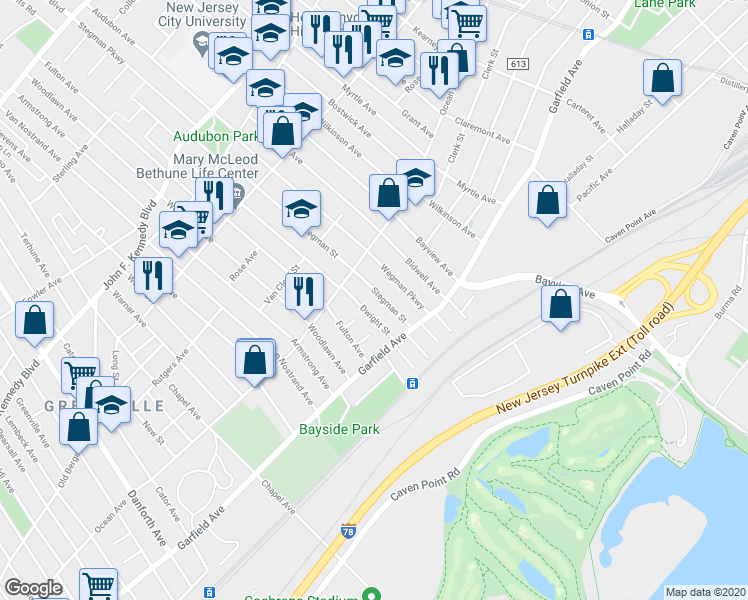 map of restaurants, bars, coffee shops, grocery stores, and more near 60 Stegman Street in Jersey City