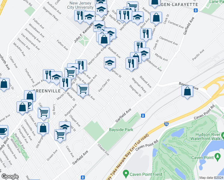 map of restaurants, bars, coffee shops, grocery stores, and more near 100 Fulton Avenue in Jersey City