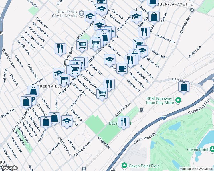 map of restaurants, bars, coffee shops, grocery stores, and more near 100 Fulton Avenue in Jersey City