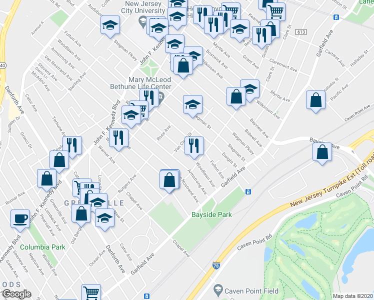 map of restaurants, bars, coffee shops, grocery stores, and more near 100 Fulton Avenue in Jersey City