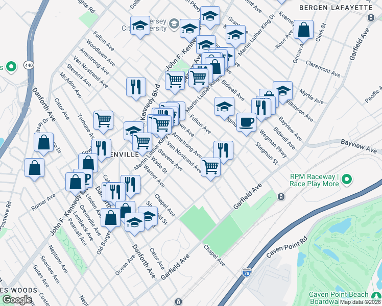 map of restaurants, bars, coffee shops, grocery stores, and more near 144 Armstrong Avenue in Jersey City