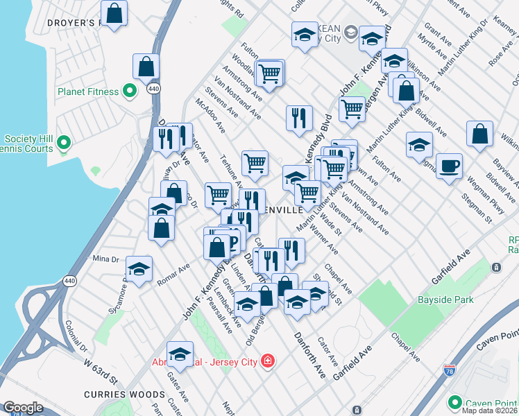 map of restaurants, bars, coffee shops, grocery stores, and more near in Jersey City