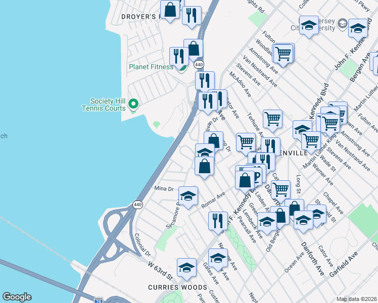 map of restaurants, bars, coffee shops, grocery stores, and more near 45 Suburbia Drive in Jersey City