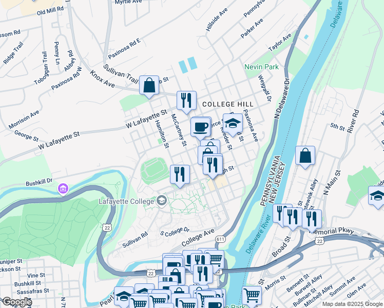 map of restaurants, bars, coffee shops, grocery stores, and more near in Easton