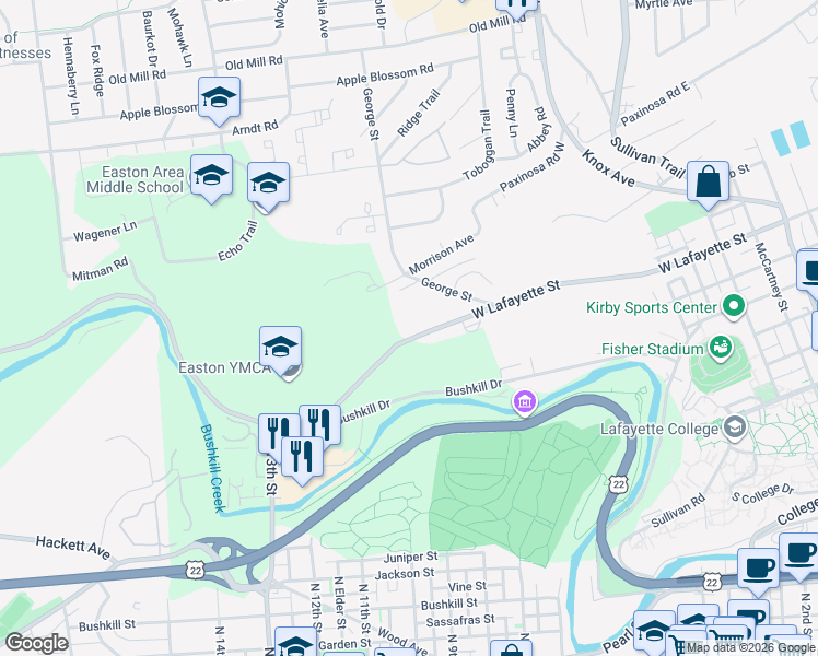 map of restaurants, bars, coffee shops, grocery stores, and more near 917 George Street in Easton