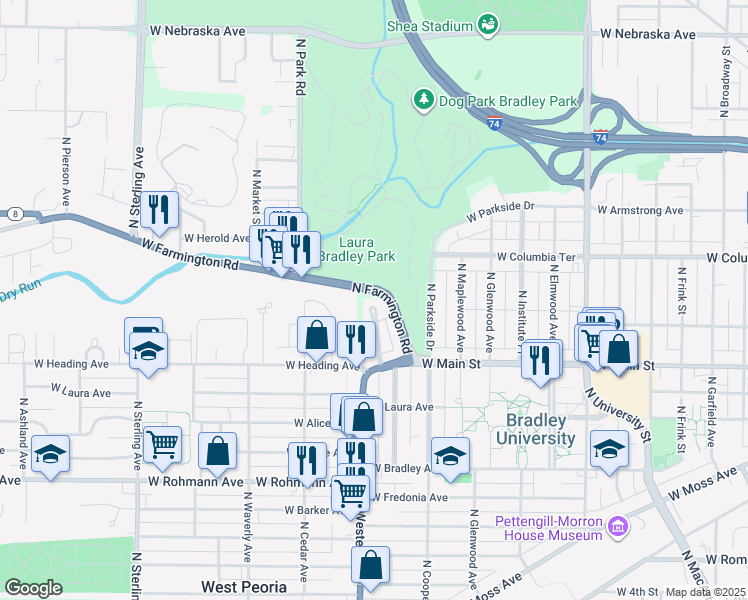 map of restaurants, bars, coffee shops, grocery stores, and more near 1000-1199 N Farmington Rd in Peoria
