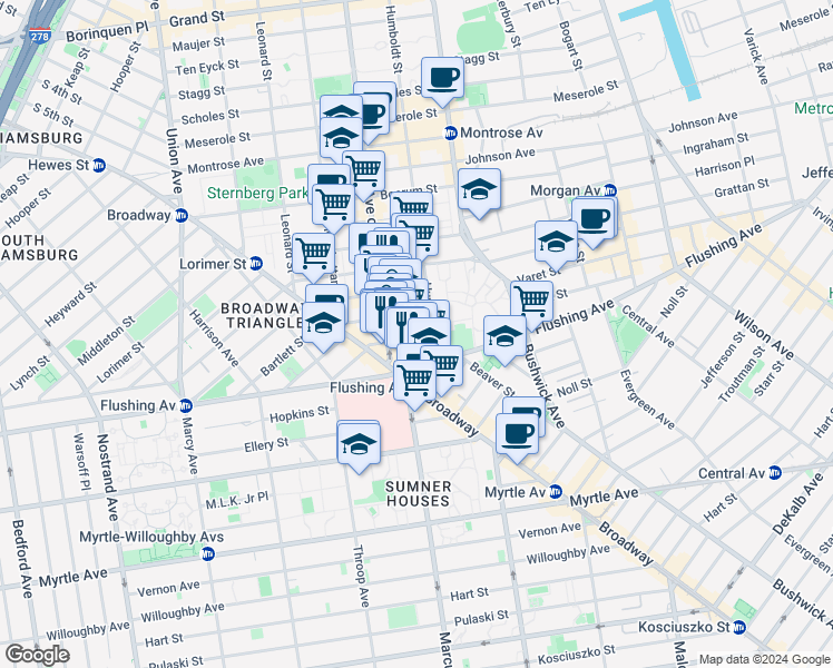 map of restaurants, bars, coffee shops, grocery stores, and more near 47 Debevoise Street in Brooklyn