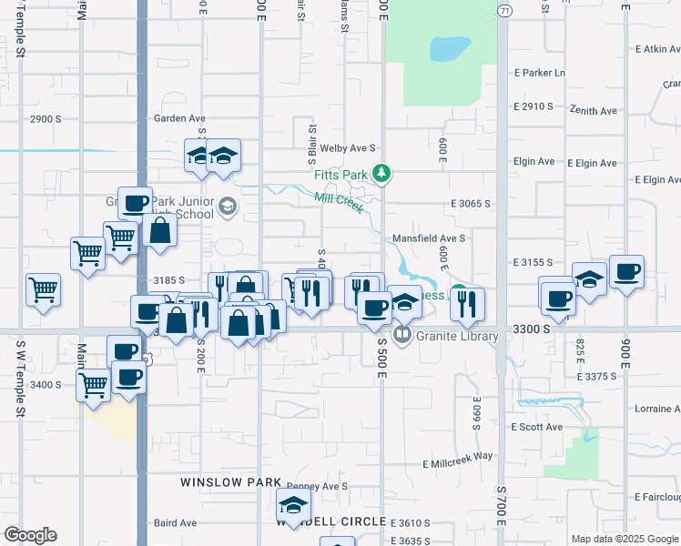map of restaurants, bars, coffee shops, grocery stores, and more near 447 East Stanley Avenue in South Salt Lake