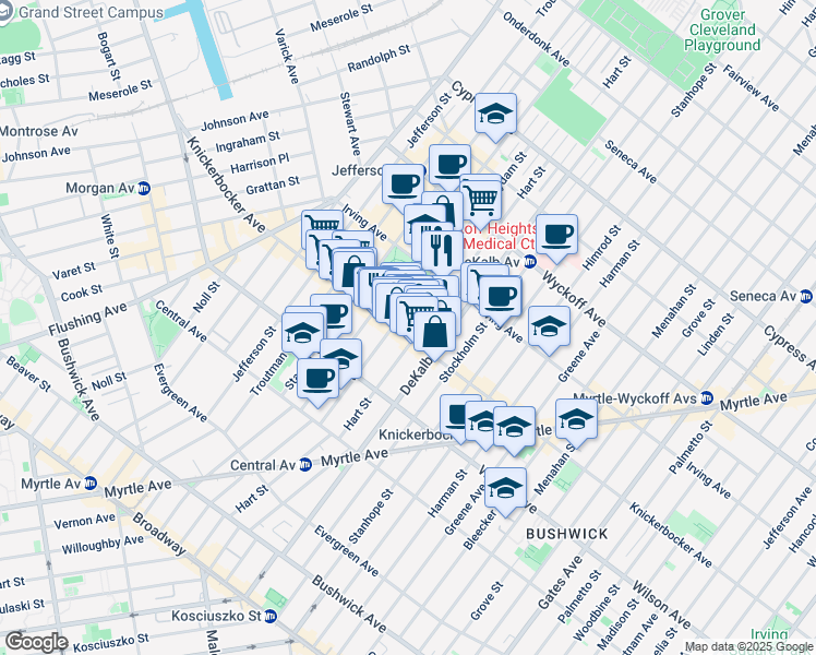 map of restaurants, bars, coffee shops, grocery stores, and more near 288 Suydam Street in Brooklyn